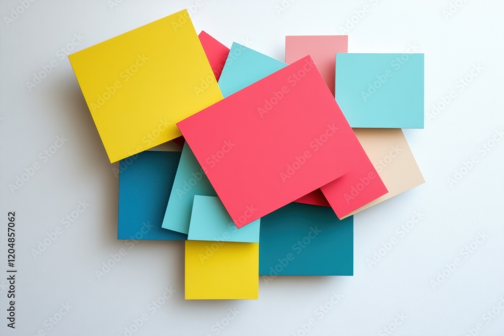 Poster colorful arrangement of paper squares in various sizes on a white background creating an artistic di
