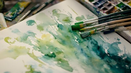 Obraz premium Watercolor Painting With Green Hues And Paintbrushes
