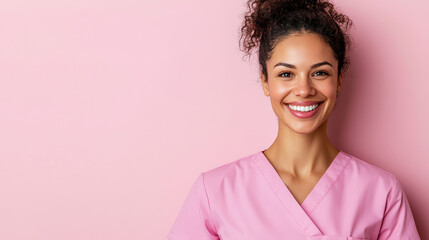 Friendly nurse smiling in pink scrubs against pink background