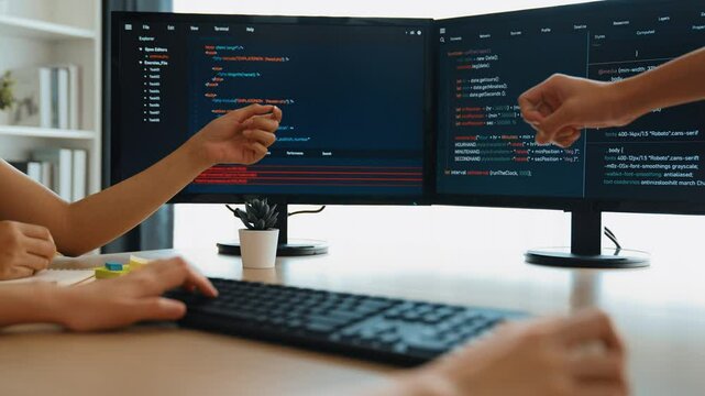 Back end software developer engineer for computer programming working together on debugging writing computing code, solving complex algorithms display on monitor in office. Burgeoning