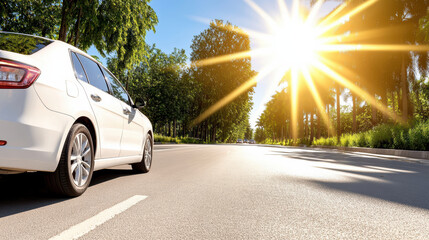 white car driving on sunny road surrounded by trees and greenery
