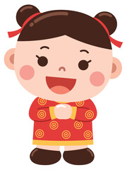 Playful Cartoon Girl in Red Chinese Dress