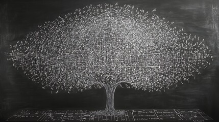 A blackboard filled with complex equations and mathematics tree