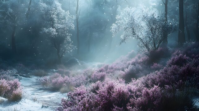 Enchanting winter forest scene with snow and purple heather - Powered by Adobe