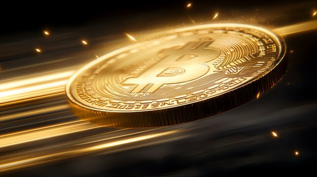 Bitcoin Coin Flying in Gold Light Streaks