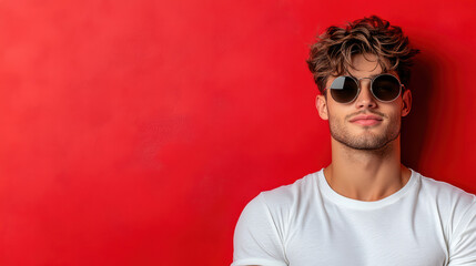 Fototapeta premium Confident young man wearing sunglasses against bright red background