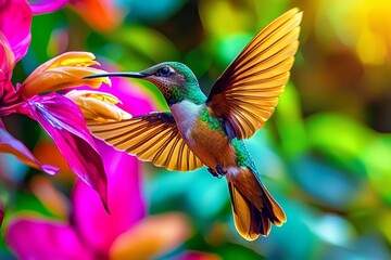 Fototapeta premium A dynamic portrayal of a hummingbird against colorful flora.