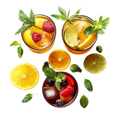 Refreshing Cocktail Drinks in a Flat Lay Arrangement on White Background