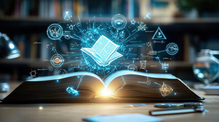 glowing open book surrounded by symbols of knowledge and wisdom, representing power of learning and discovery
