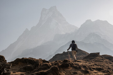 Tourist walking to Mardi Himal base camp with beautiful view of Mt.Machapuchare inthe background. Mardi Himal Trek is one of the newly popular trekking route in the Nepal.