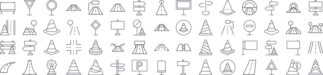 Road, Path, Traffic Cone Line Icon Pack. Outline Signs for Graphic and Web Design, Apps, Adverts, Various Cards