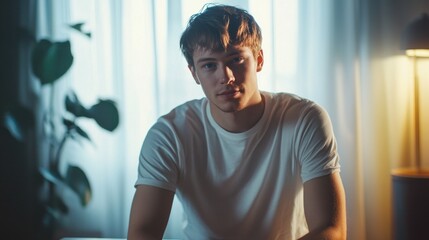 Young man posing indoors, window background, calm