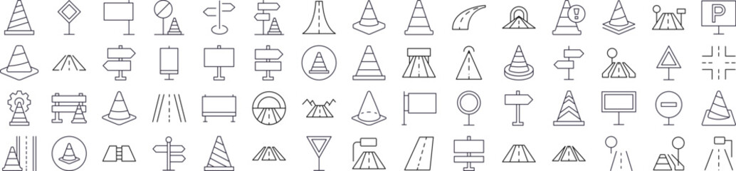 Road, Path, Traffic Cone Thin Line Icon Set. Outline Signs for Graphic and Web Design, Apps, Adverts, Various Cards