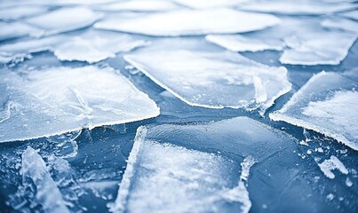 Broken ice floes on dark water in winter, close-up, background, texture