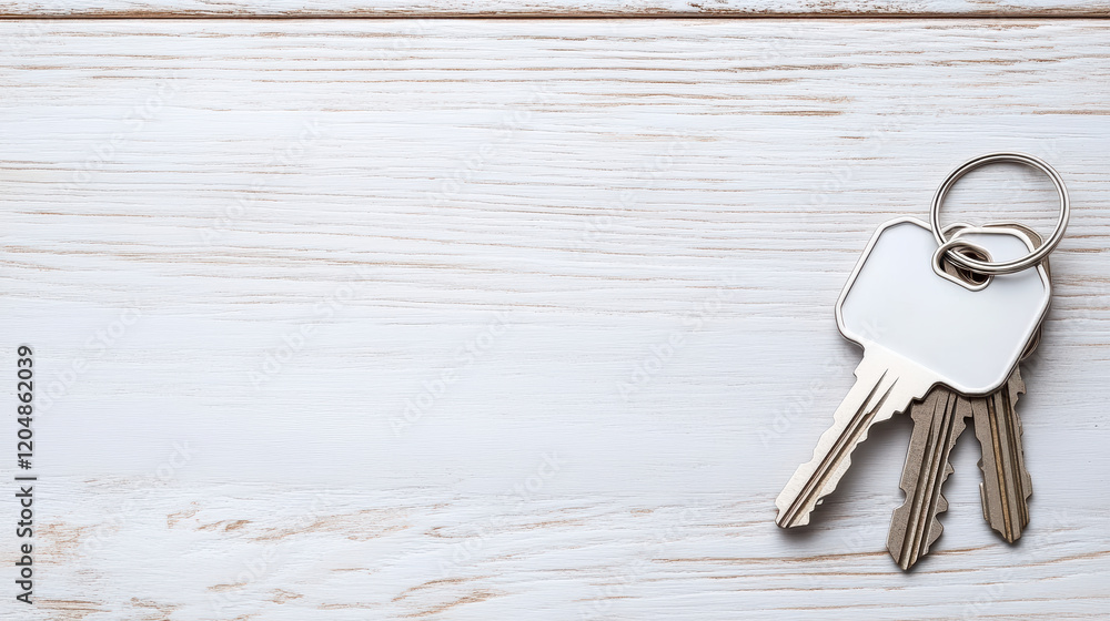 Poster keys on blank table with keychain, symbolizing security and access