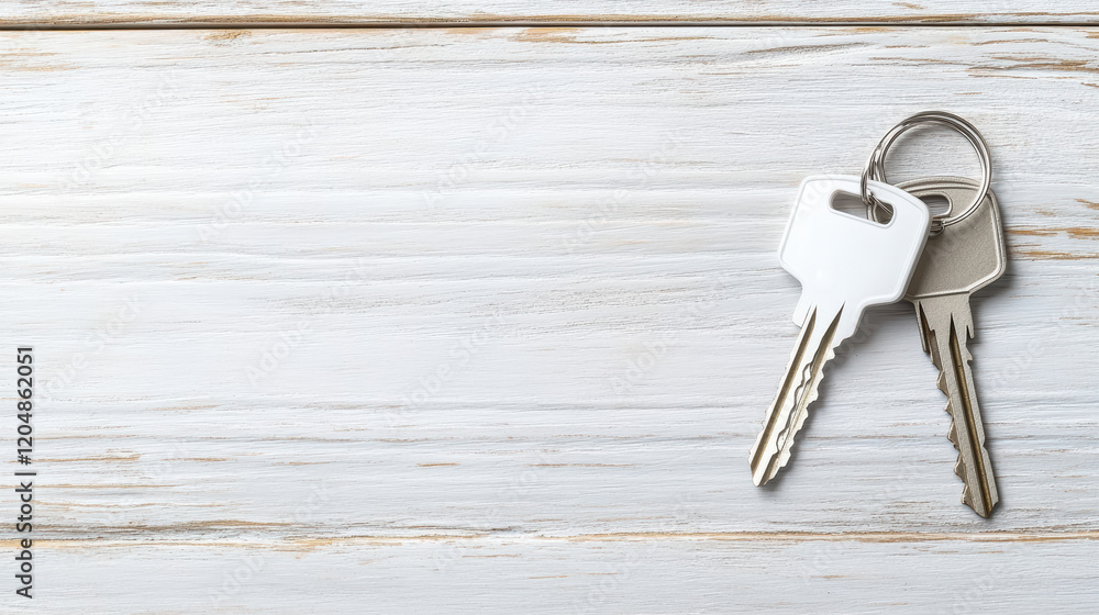 Poster keys on keychain resting on wooden table surface, ready for use