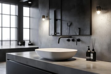 Fototapeta premium Sophisticated bathroom aesthetics with a focus on modern materials.