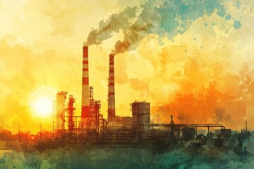 Obraz premium Abstract Vector Illustration of Factory Landscape with Chimneys Emitting Thick Smoke Against a Colorful Sunset Background Depicting Industrial Pollution