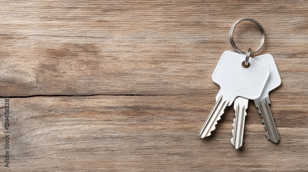 Poster keys on keychain resting on wooden table surface, ready for use