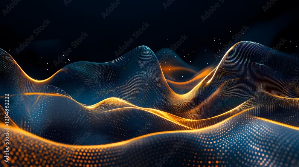 Poster dynamic waves of light and color digital realm abstract art virtual environment high perspective flu
