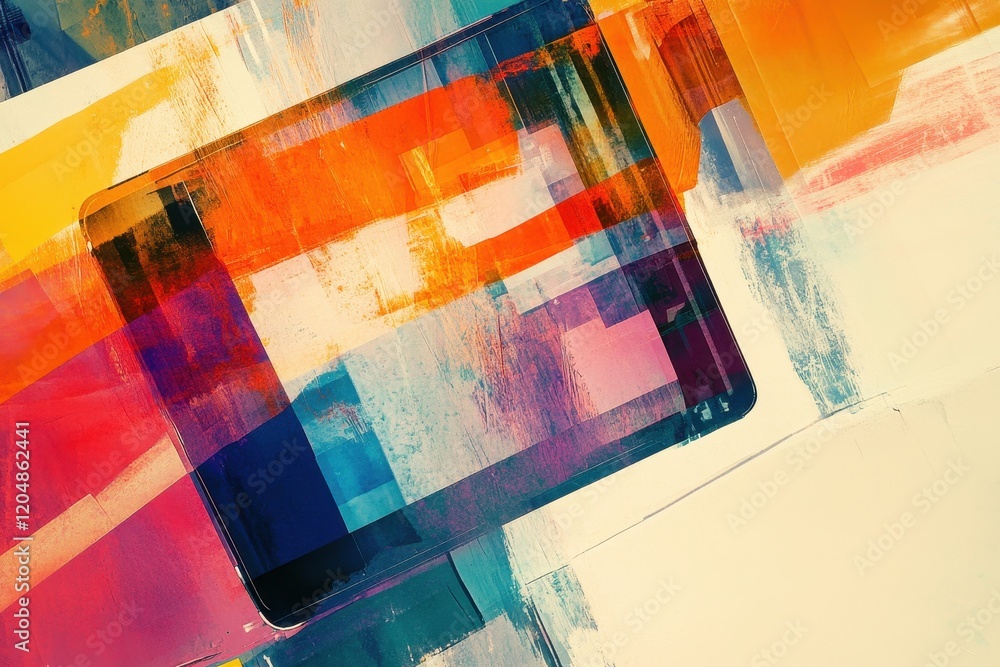 Poster abstract artistic representation featuring a tablet with vibrant colors and dynamic brush strokes, c