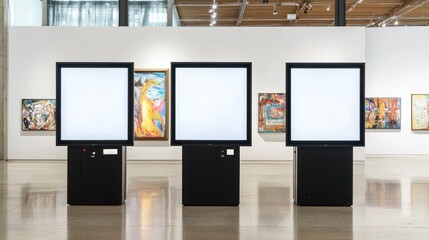Diagonal arrangement of blank digital displays in a modern artistic space.