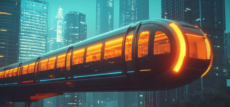 Futuristic Maglev Train Soaring Above a Neon-Lit Metropolis