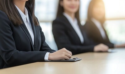 Businesswomen in suits at a conference table in an office setting, ready for a meeting