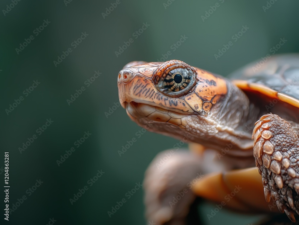 Poster close-up of a beautiful turtle with intricate patterns and a captivating expression against a soft g