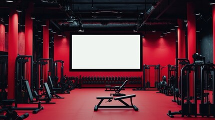 Fitness environment featuring large digital screen and contrasting gym equipment.