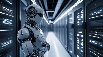 A robot performing routine maintenance tasks in a high-tech data center, organized and futuristic setting, Data-tech style