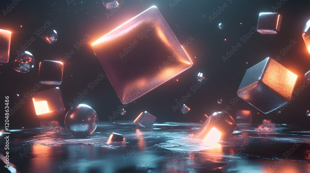 Aufkleber floating geometric shapes abstract environment 3d render futuristic atmosphere dynamic viewpoint