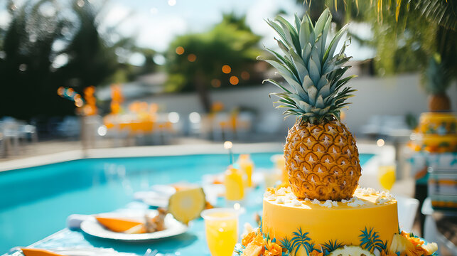 A delicious yellow cake decorated with a fresh pineapple sits poolside at a summer party.  Bright sunshine and tropical vibes fill the scene.