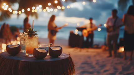 Tropical beach party at sunset. Coconut drinks and halves sit on a rustic wood stump in the foreground, with blurred background showing live music and string lights.