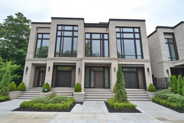 Obraz premium Modern Residential Building with Glass Facade and Lush Greenery on a Cloudy Day, Offering Ideal Background for Real Estate and Architectural Photography
