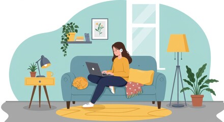 A flat illustration of a woman sitting comfortably on a couch working on her laptop