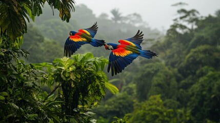 Fototapeta premium Rainbow macaws flying rainforest jungle mist wildlife