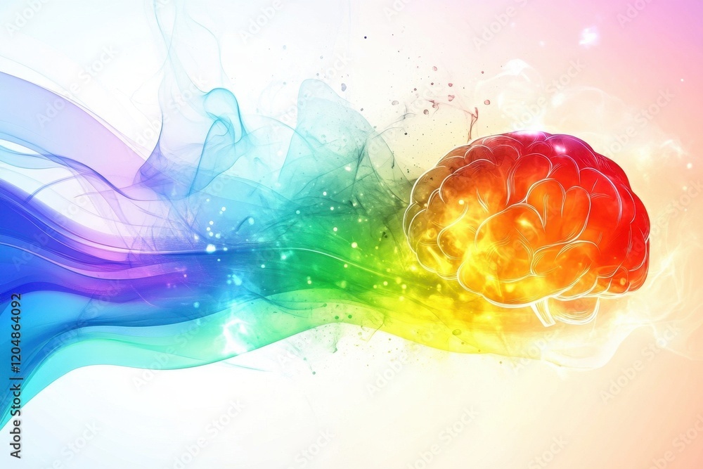 Poster abstract rainbow gradient background with swirling colors and a glowing brain concept for creativity