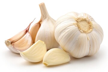 Fresh Garlic Bulbs and Cloves on isolated White Background for Culinary Use