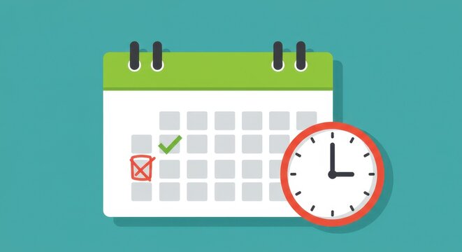 A flat illustration of a calendar with a green header and a clock placed beside it