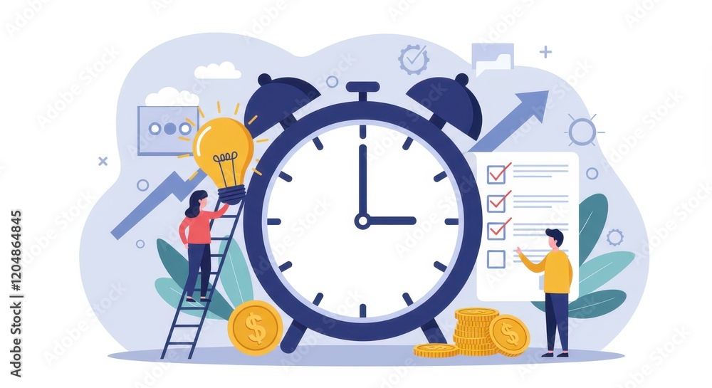 Poster a flat illustration depicting time management with a large clock at the center surrounded by charact