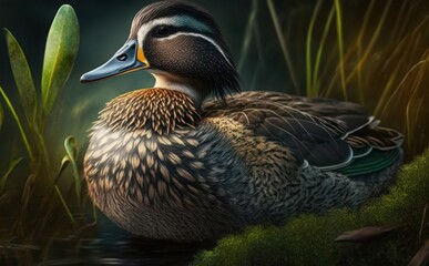 Obraz premium Detailed Portrait of a Duck with Lush Green Background