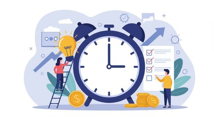 A flat illustration depicting time management with a large clock at the center surrounded by characters and elements