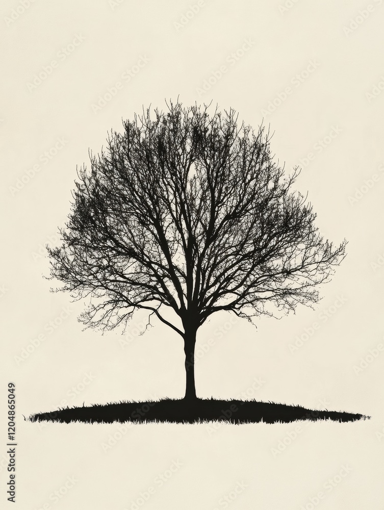 Poster silhouette of a barren tree standing alone on a grassy patch against a soft background. generative a