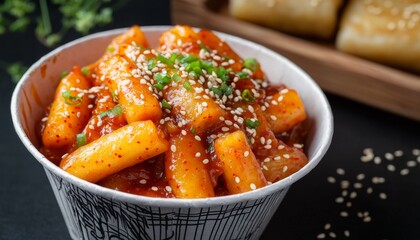 appetizing display of tteokbokki in a modern paper cup bowl, showcasing the vibrant red sauce, chewy rice cakes, and garnished with sliced scallions
