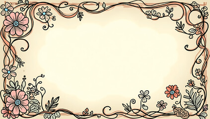 "Whimsical Hand-Drawn Frame with Floral Patterns" – A playful illustrative design of an empty frame decorated with swirling vines, flowers, and leaves, perfect for creative artwork.

