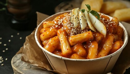 appetizing display of tteokbokki in a modern paper cup bowl, showcasing the vibrant red sauce, chewy rice cakes, and garnished with sliced scallions