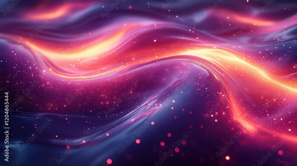 Poster a vibrant, flowing abstract image featuring waves of bright colors and glowing particles, creating a