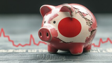 Cracked Piggy Bank with Japanese Flag and Economic Graph Background