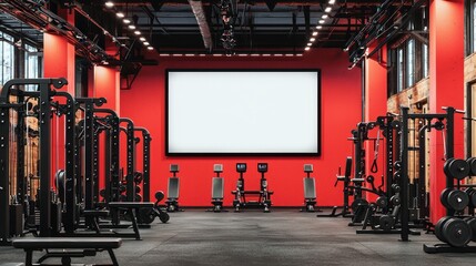 Modern gym design with blank screen for content, surrounded by workout machines.